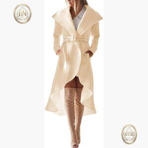 Wool Trench Coat with Belt, Large Collar, High Low Hem